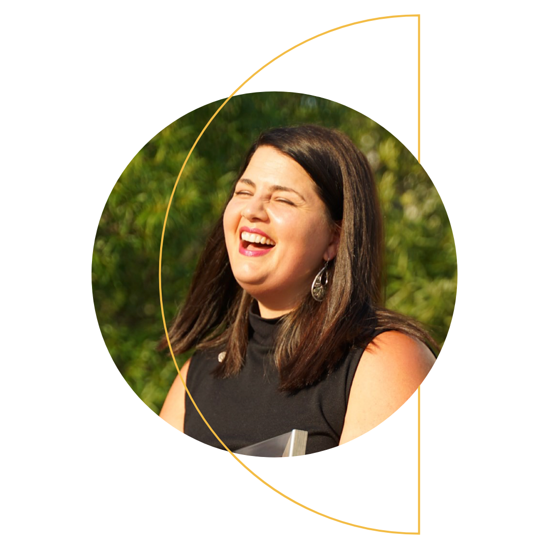 Photo of Danielle Salley in a circle with Abstract shape over it